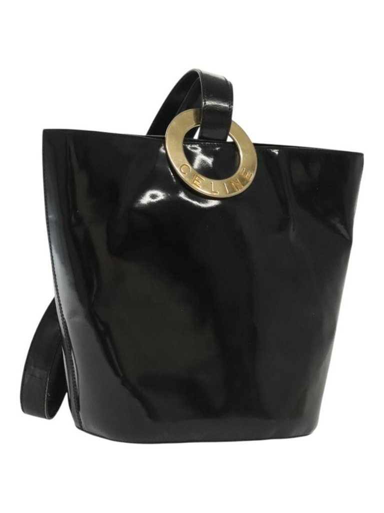 Authentic Celine Circle Shoulder Bag Enamel Black Gold